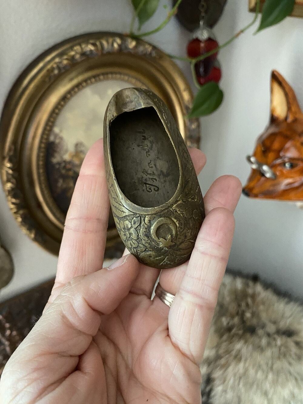 Vintage Etched Brass Shoe Ashtray Floral Brass Slipper Ashtray Istanbul